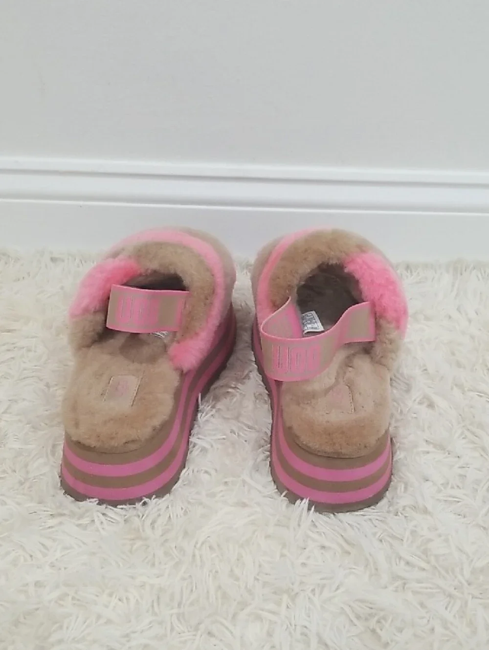 UGG Pink & Beige Fuzzy Platform Slide Sandals